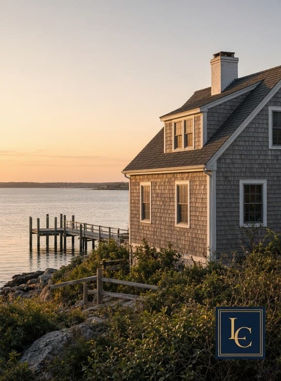Weathered shingle cape above a rocky Cape Cod shoreline, a small dock on the water at sunset