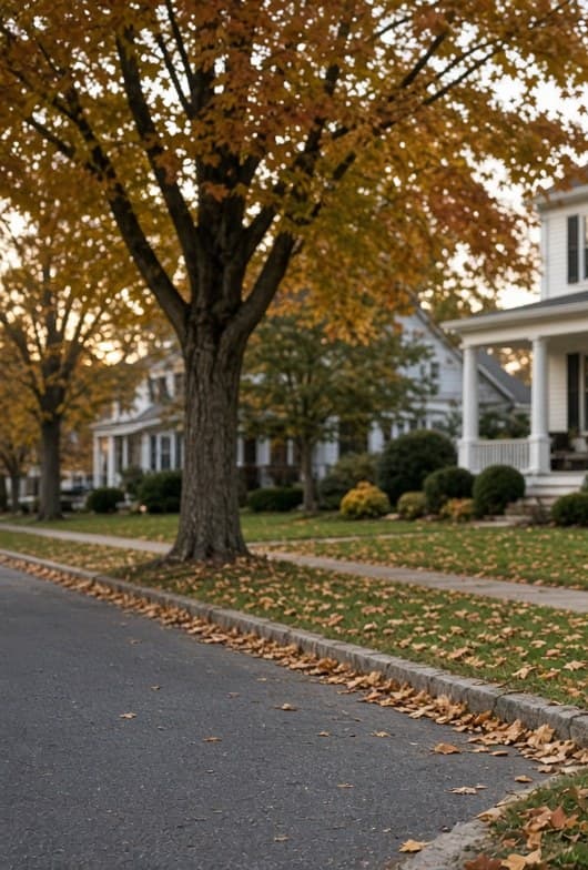 Quiet residential street in autumn, a maple dropping leaves over the sidewalk and older homes beyond