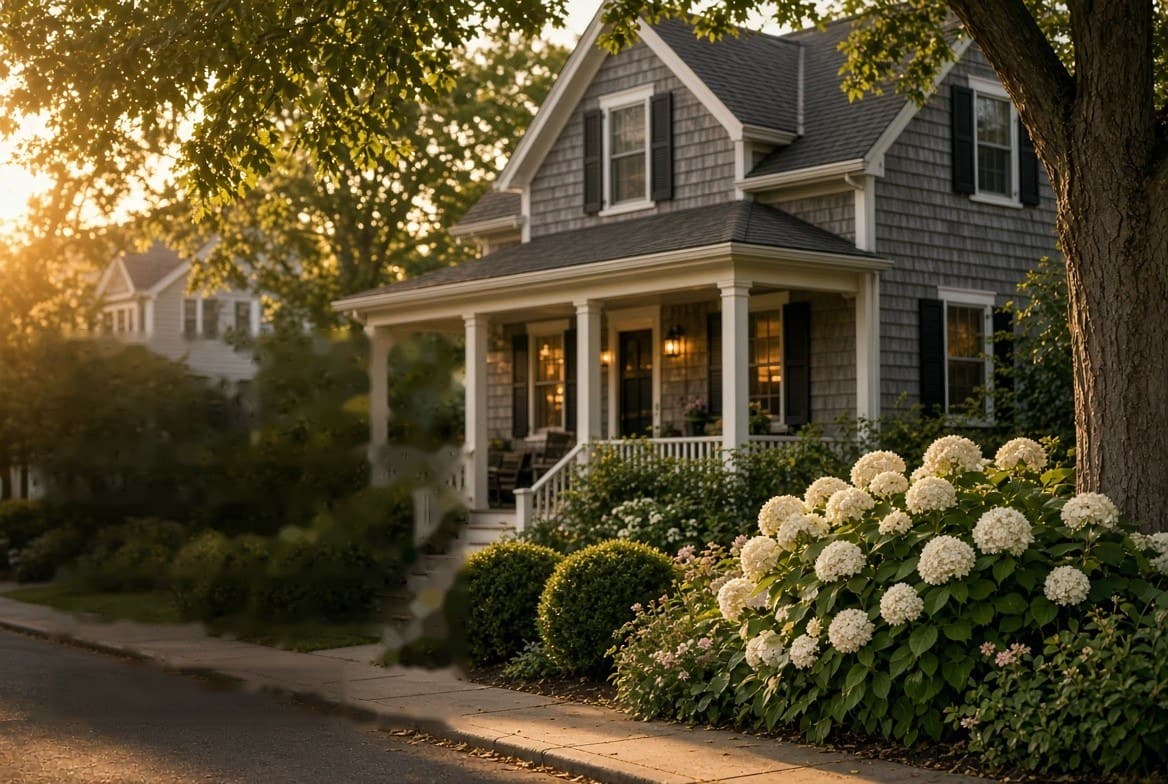 Gray cedar-shingle house with a white front porch, hydrangeas in bloom along the sidewalk, late-afternoon light