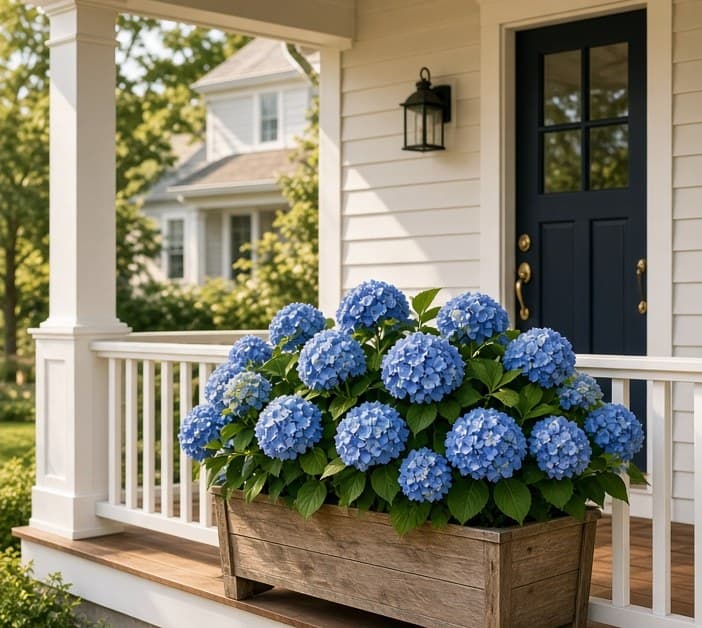 Front porch with white railings and a wooden planter of blue hydrangeas beside a navy door