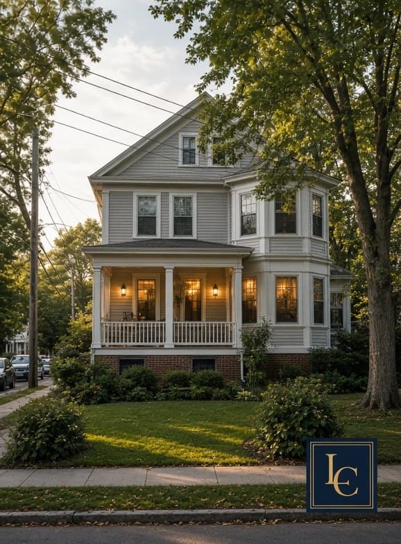 South Shore colonial with a lit front porch on a tree-lined street, early evening